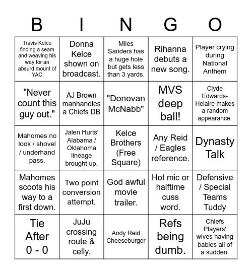 Super Bowl Bingo Card