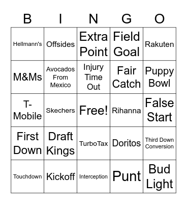 Super Bowl Bingo Card