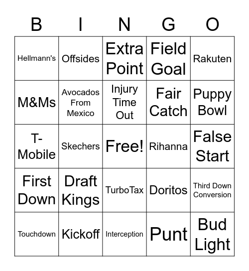 Super Bowl Bingo Card