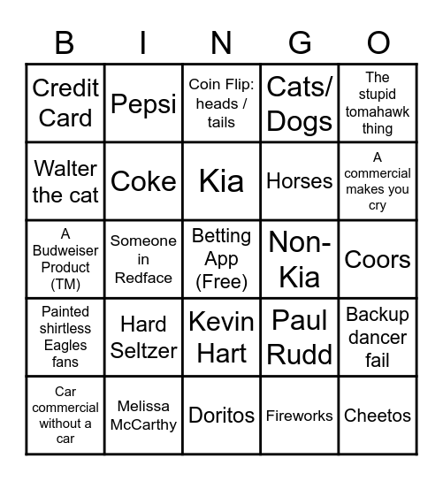 Superbowl LVII Bingo Card