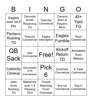 Superbowl Bingo Card