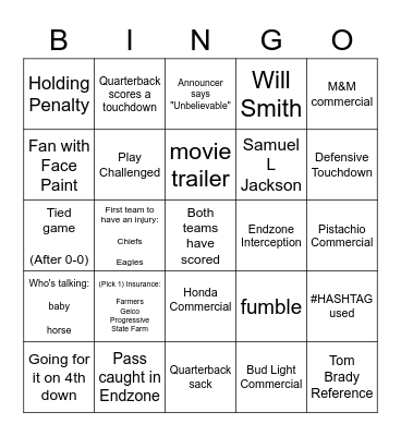 SuperBowl 2023 Bingo Card