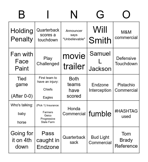 SuperBowl 2023 Bingo Card