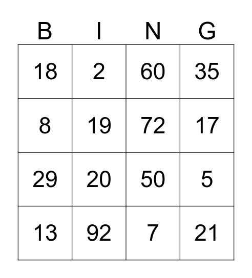Order of Operations Bingo Card