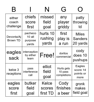 Superbowl Bingo Card