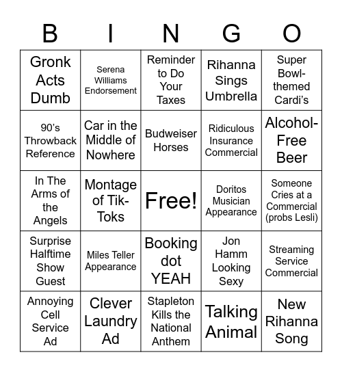 Commercials Bingo Card