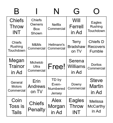 Super Bowl LVII Bingo Card
