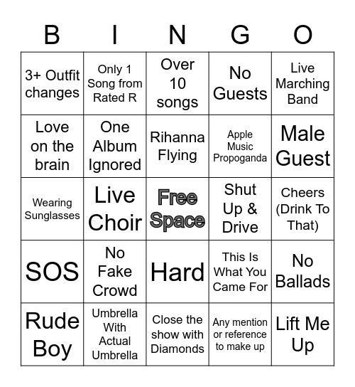 Rihanna Halftime Show Bingo Card