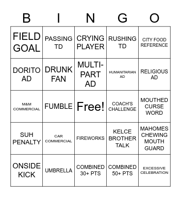 Superbowl 2023 Bingo Card