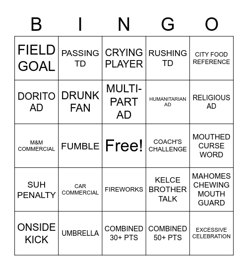 Superbowl 2023 Bingo Card