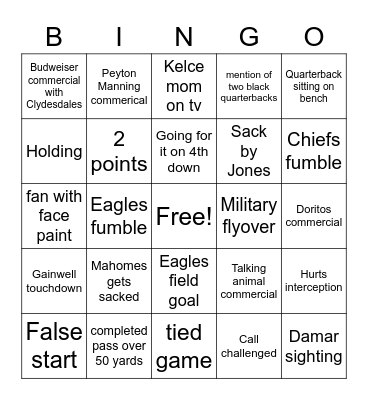 Super Bowl Bingo Card