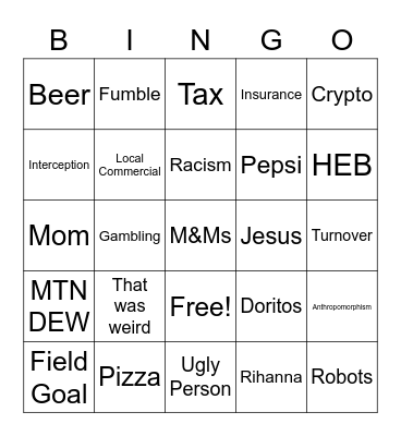 Super Bowl Bingo 1 Bingo Card