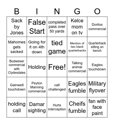 SuperBowl Bingo Card