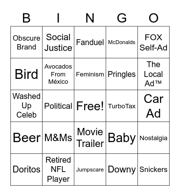 Super Bowl 57 Commercial Bingo Card