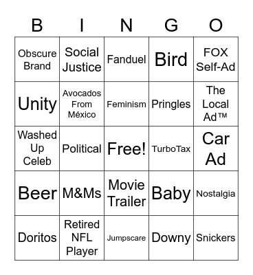 Super Bowl 57 Commercial Bingo Card