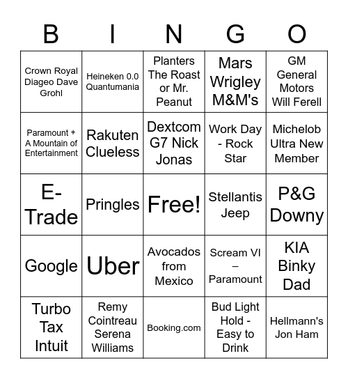 Super Bowl LVII Bingo Card