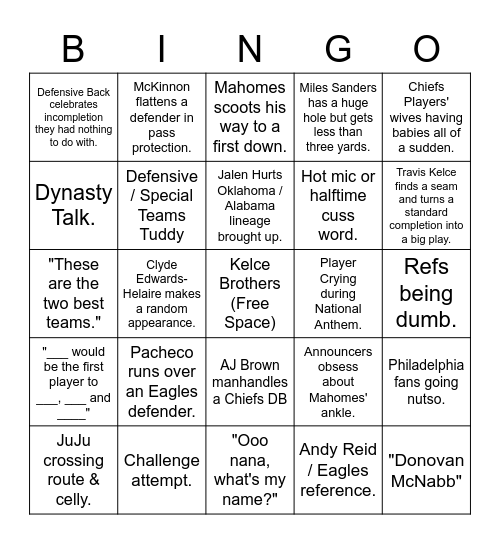 SUPER BOWL BINGO! Bingo Card