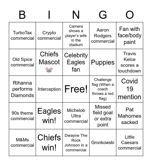 Super Bowl LVII Bingo Card