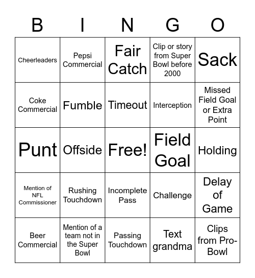 Super Bowl Bingo! Bingo Card