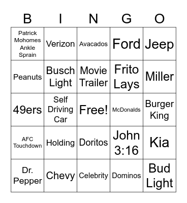 FREMONT Super Bowl Bingo Card