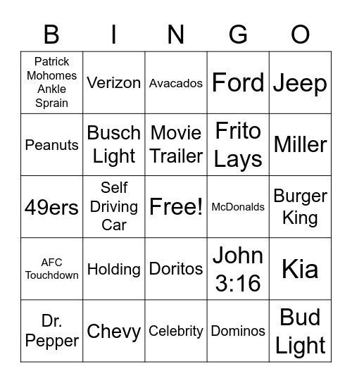 FREMONT Super Bowl Bingo Card