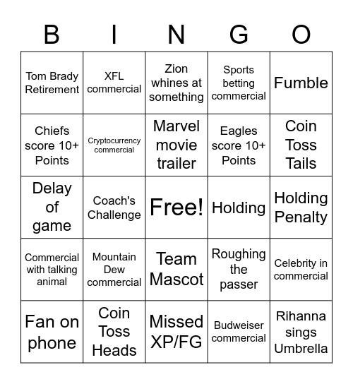 Super Bowl Party Bingo Card