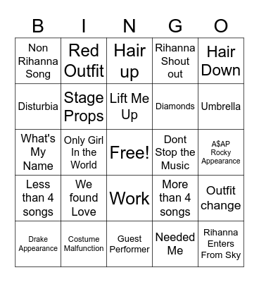 Rihanna Bingo Card