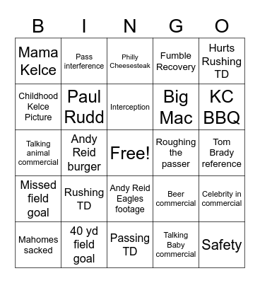 Super Bowl Bingo Card