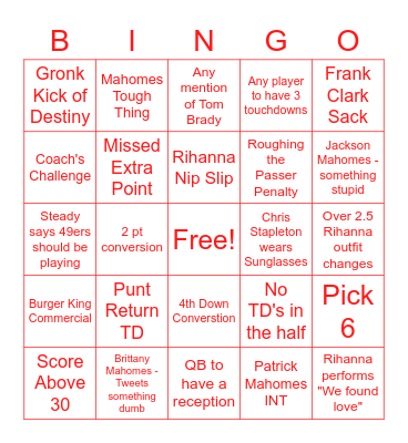 Super Bowl LVII Bingo Card