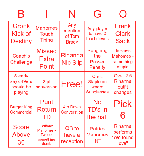 Super Bowl LVII Bingo Card