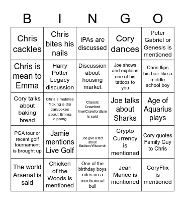 This Is A Secret Bingo Game For All The Non-Aquariuses. You May Not Show Any Of The Birthday Boys This Bingo Or Influence Them In Any Way Or Else. First Person To Yell Bingo Wins A Prize Bingo Card