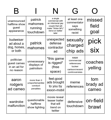 2023 super bowl bingo Card