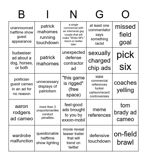 2023 super bowl bingo Card