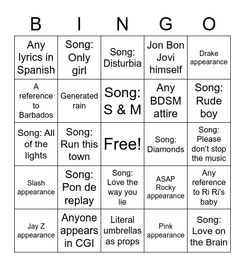 Rihanna Concert Bingo Card