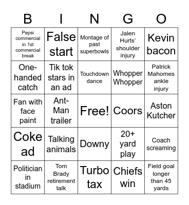Super Bowl LVII Bingo Card