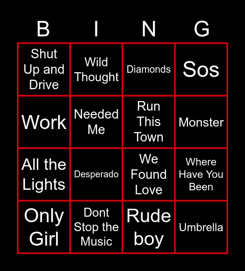 Rihanna Halftime Songs Bingo Card