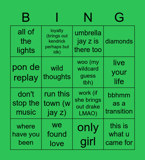 rihanna half time Bingo Card