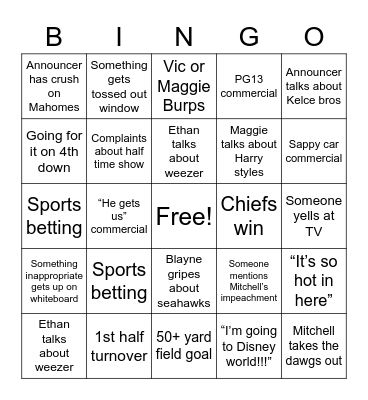 Super Bowl Bingo Card