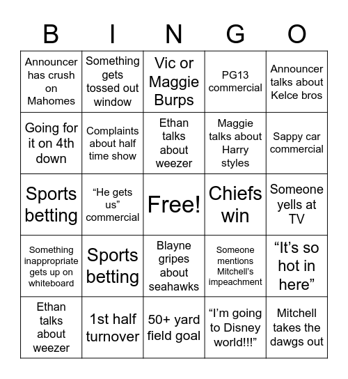 Super Bowl Bingo Card