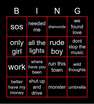Rihanna halftime songs Bingo Card