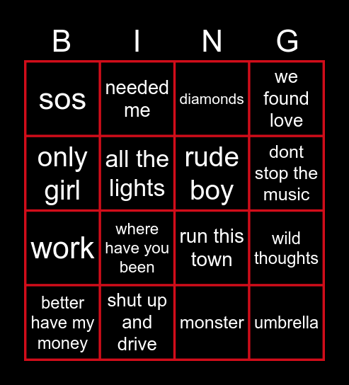 Rihanna halftime songs Bingo Card