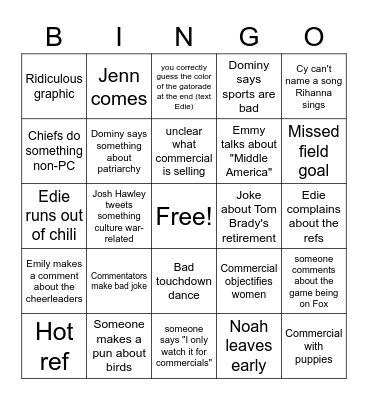 Superbowl Extravaganza Bingo Card