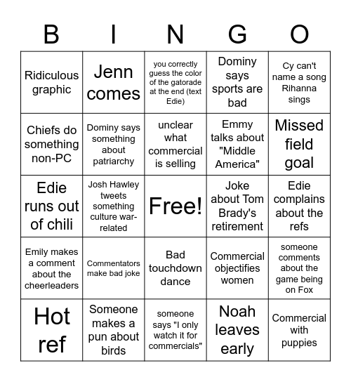 Superbowl Extravaganza Bingo Card