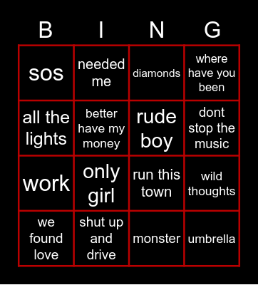 Rihanna halftime setlist Bingo Card