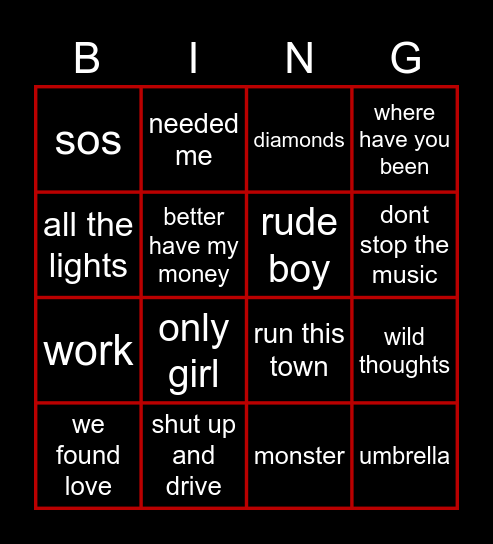 Rihanna halftime setlist Bingo Card