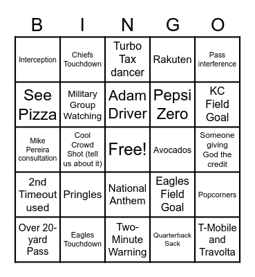 Super Bowl LVII Bingo Card