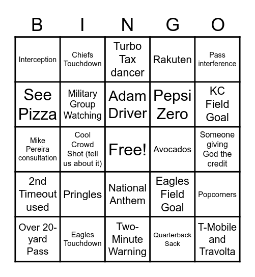 Super Bowl LVII Bingo Card