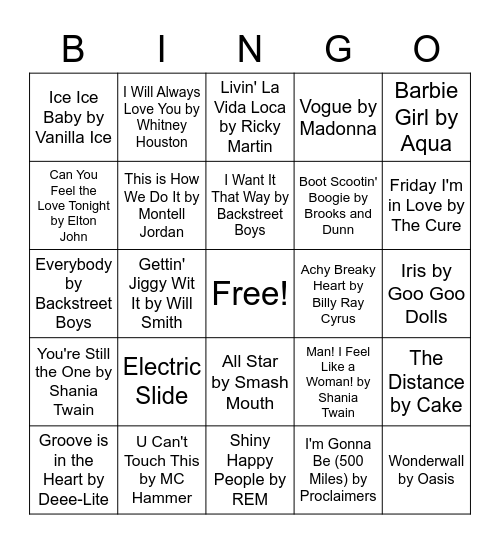 Songs from the 90's Bingo Card