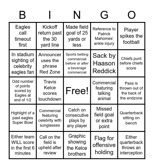 Super Bowl Bingo Card