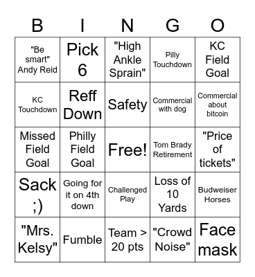 Super Bowl Bingo Card